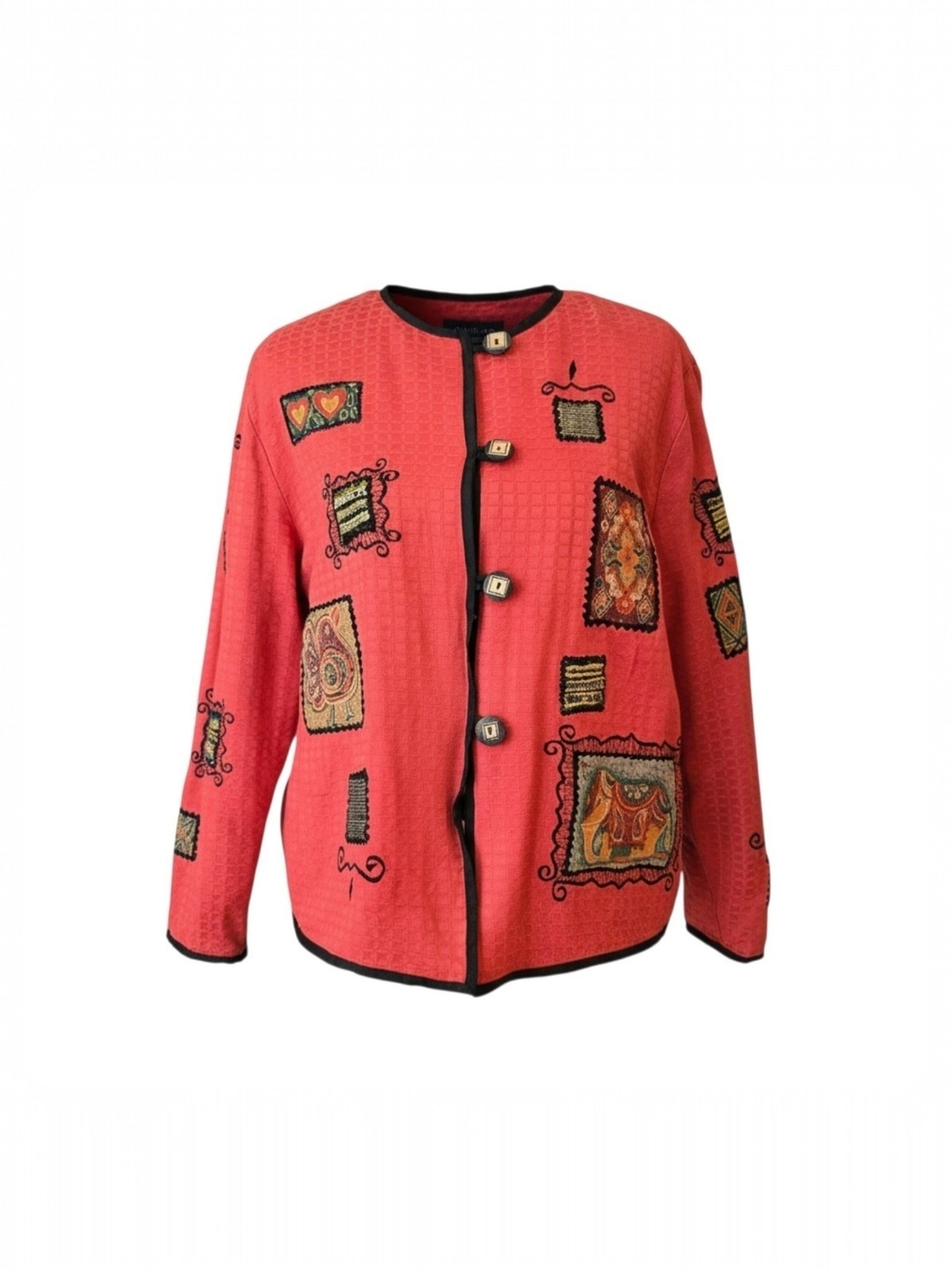 ​VTG Julia Kim Art To Wear Jacket M Orange Black Elephant Embroidered Patchwork